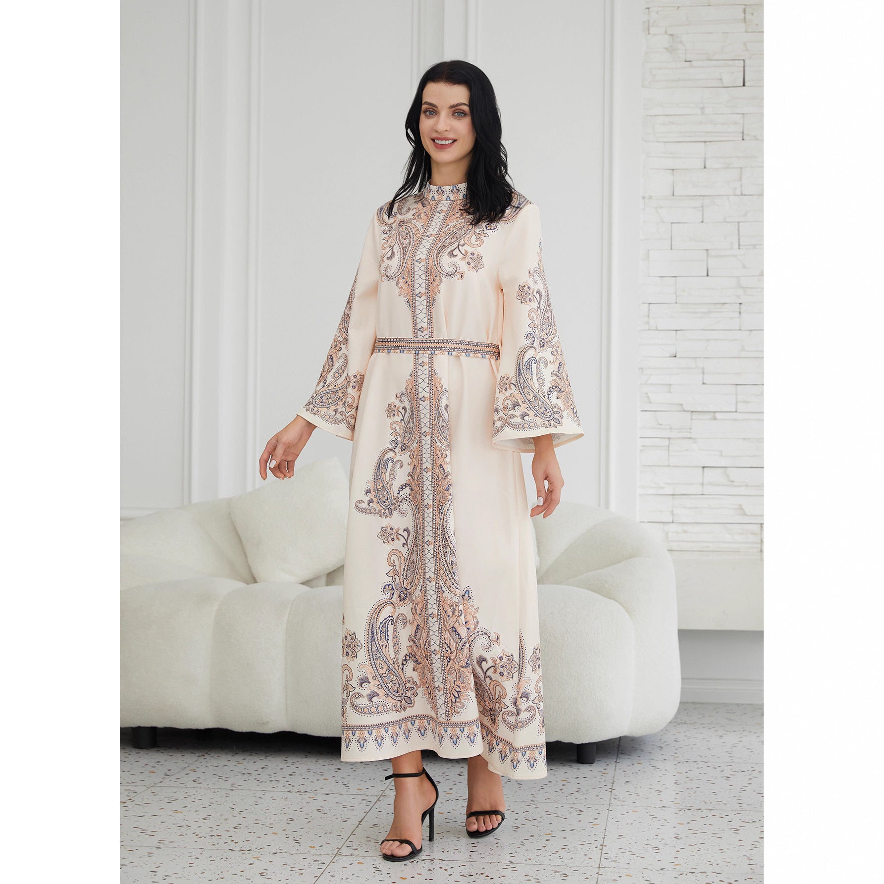 Stand Collar Printing Long Retro Women's Dress