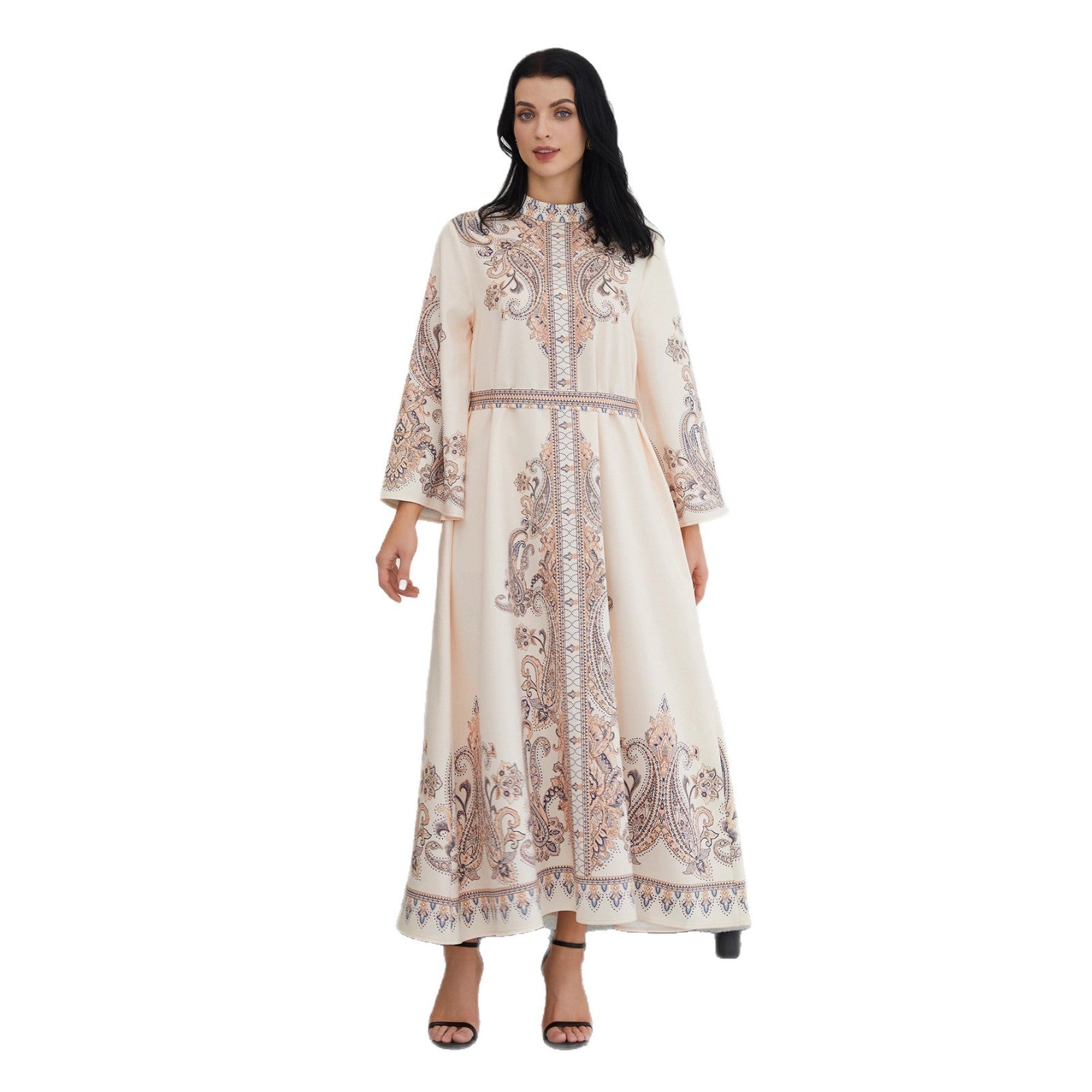 Stand Collar Printing Long Retro Women's Dress