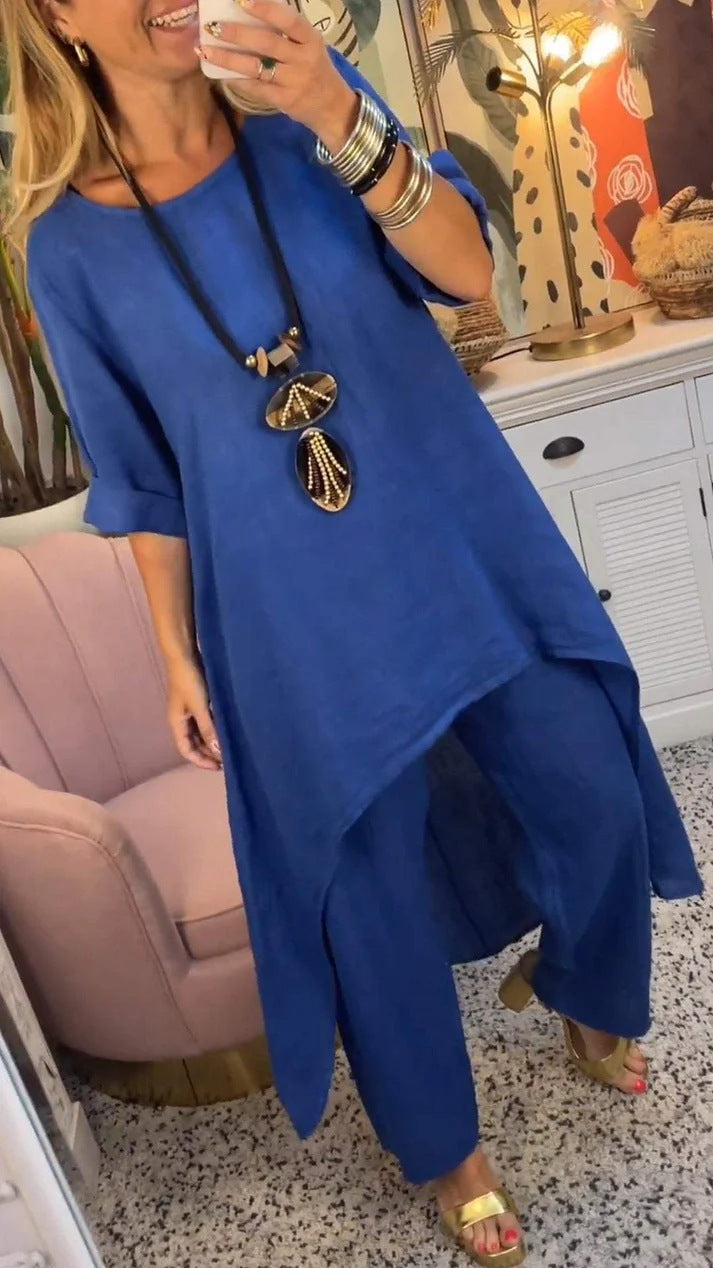 Solid Color Irregular Casual Cropped Long Sleeve Cotton And Linen Trousers Suit Women