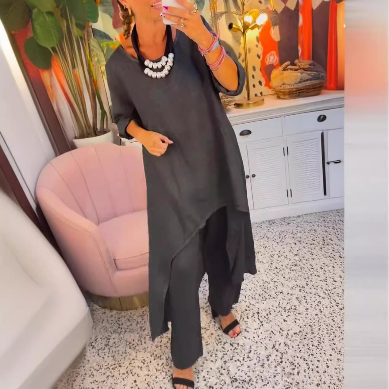Solid Color Irregular Casual Cropped Long Sleeve Cotton And Linen Trousers Suit Women