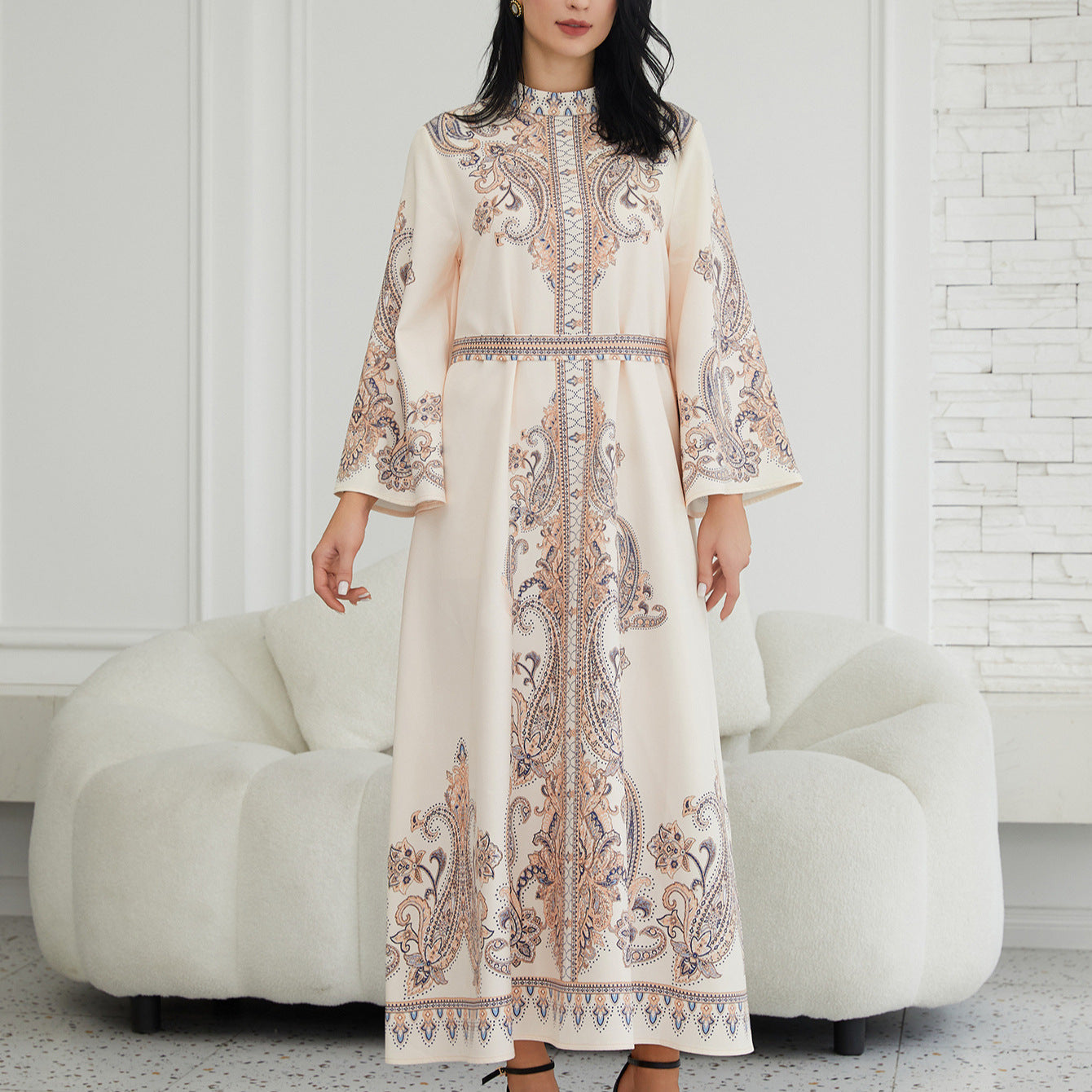 Stand Collar Printing Long Retro Women's Dress