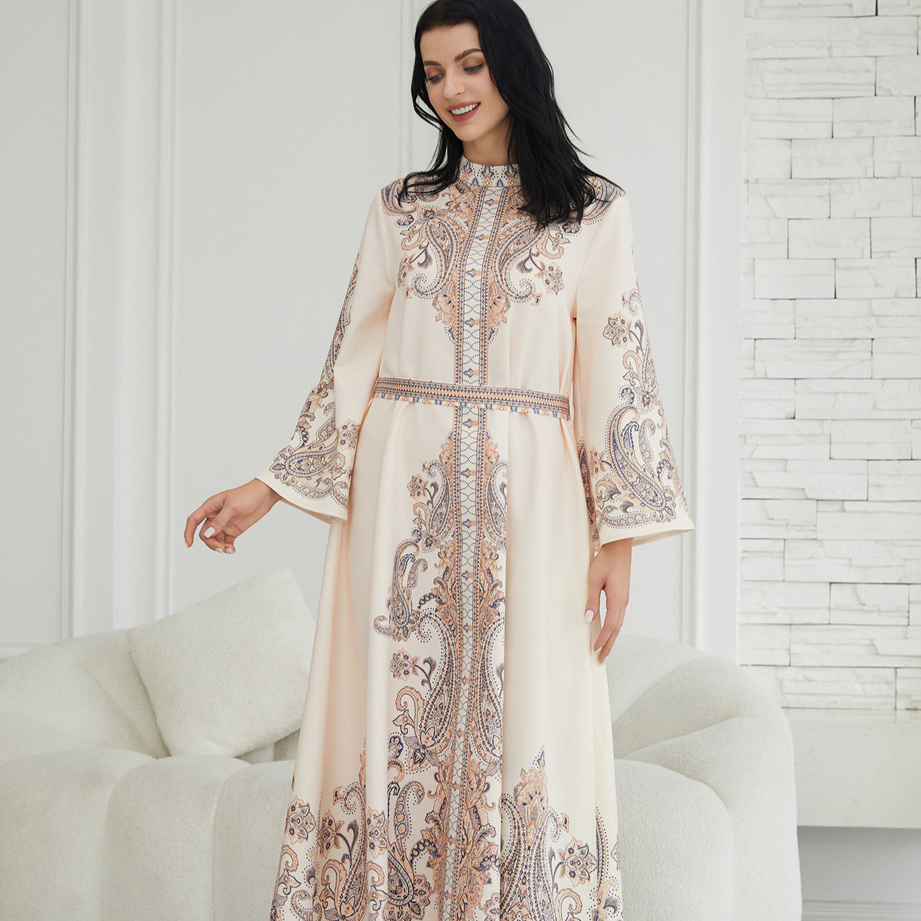 Stand Collar Printing Long Retro Women's Dress