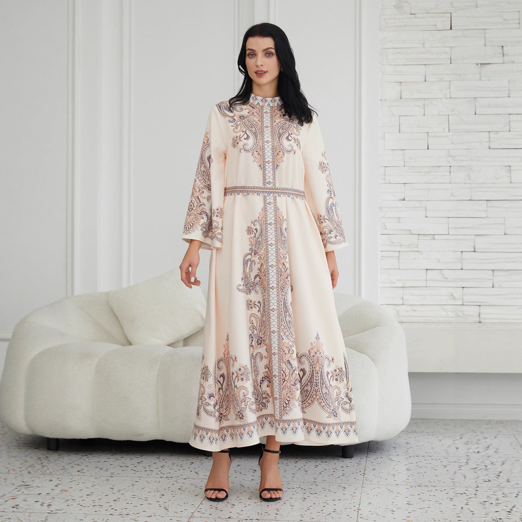 Stand Collar Printing Long Retro Women's Dress