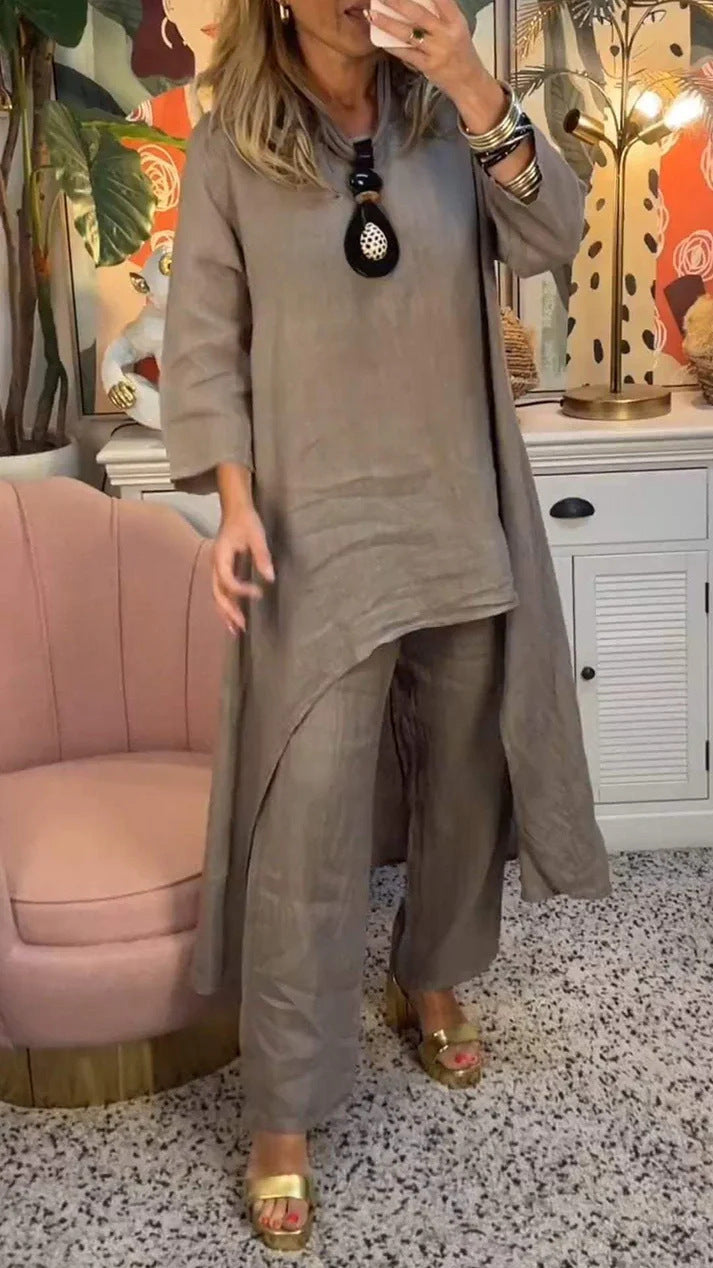 Solid Color Irregular Casual Cropped Long Sleeve Cotton And Linen Trousers Suit Women