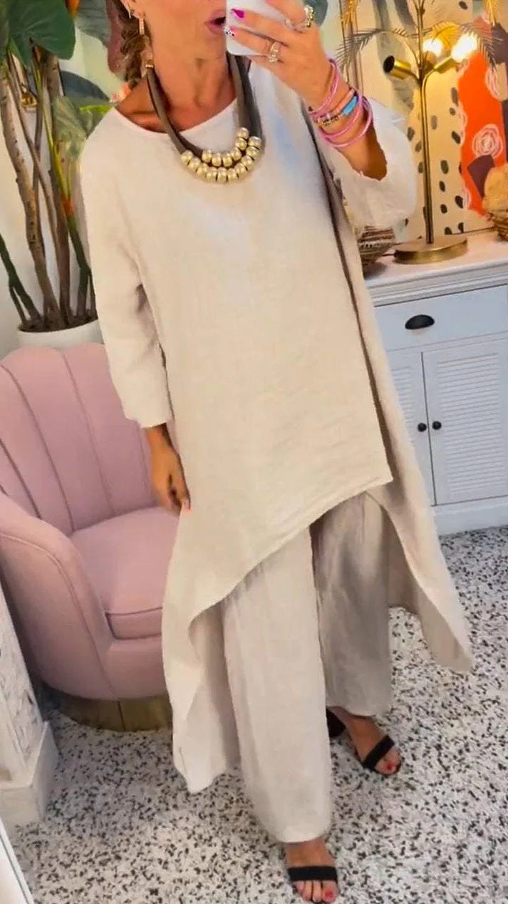 Solid Color Irregular Casual Cropped Long Sleeve Cotton And Linen Trousers Suit Women