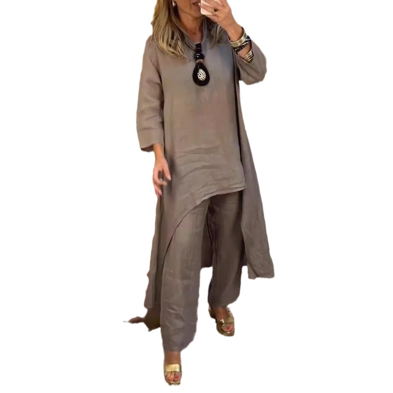 Solid Color Irregular Casual Cropped Long Sleeve Cotton And Linen Trousers Suit Women