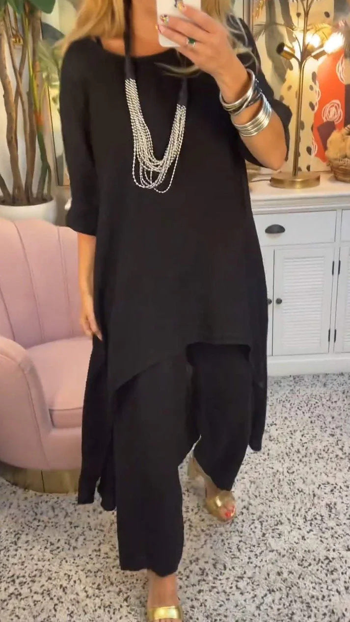 Solid Color Irregular Casual Cropped Long Sleeve Cotton And Linen Trousers Suit Women