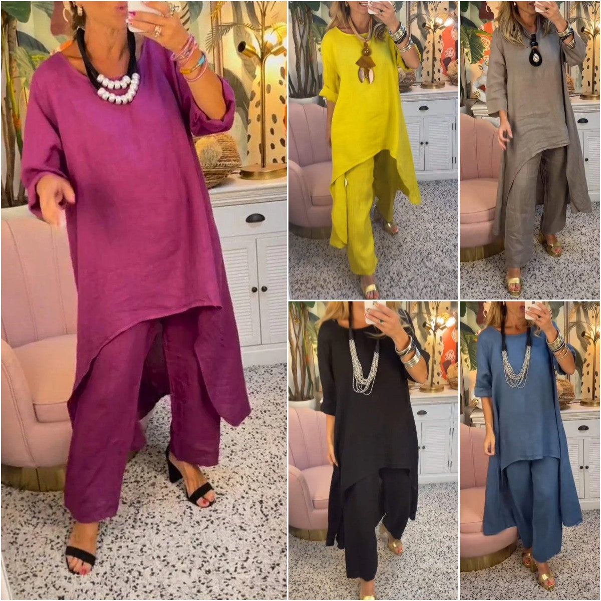 Solid Color Irregular Casual Cropped Long Sleeve Cotton And Linen Trousers Suit Women